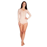 Post surgical female compression bodysuit with three-quarter sleeves beige